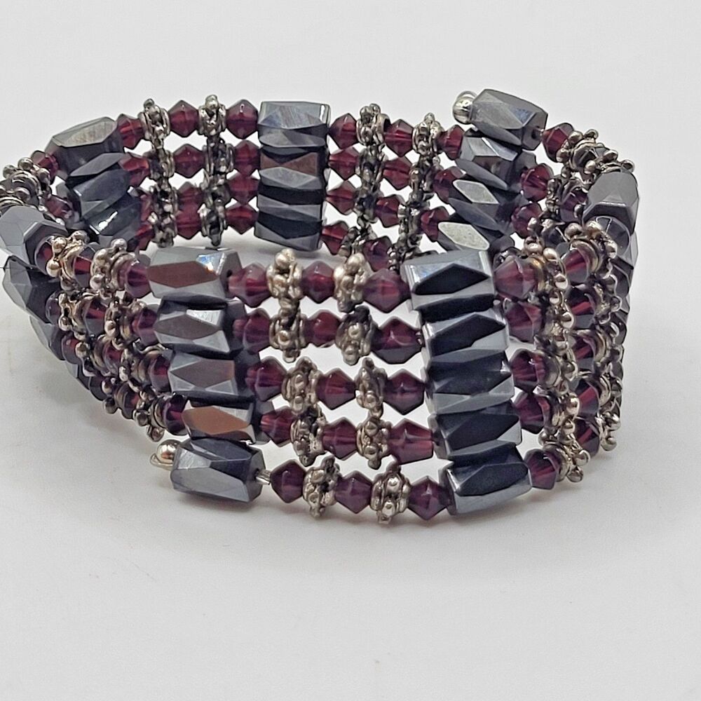 Vintage Magnetic Hematite Wrap Bracelet Necklace 32" Red Maroon Crystal Beaded